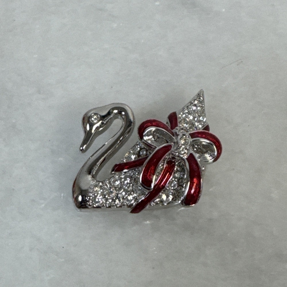 Swarovski Crystal Christmas Swan Silvertone Pin w/Red Enamel Ribbon